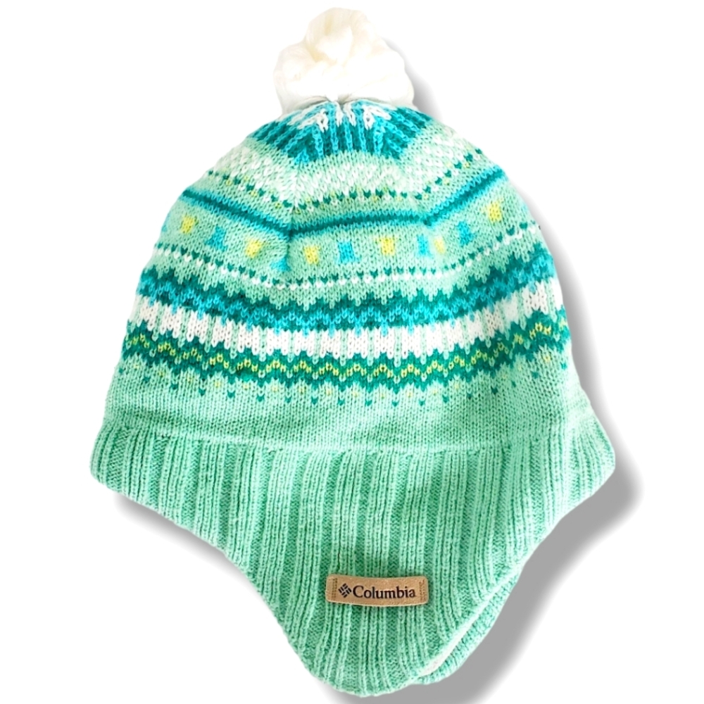 #BN COLUMBIA Winter Peruvian Beanie Hat Youth One Size Fleece Lined Green White